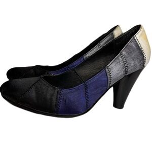 Satiny Patchwork Pumps Black Navy Pewter Silver Black Zig Zag Stitching Size 8.5